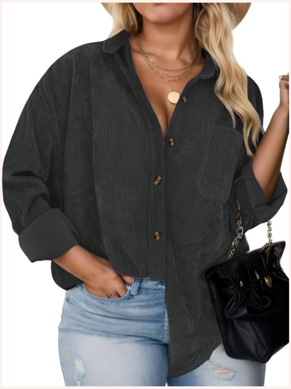 Plus Size Corduroy Button Down Shacket with Pockets